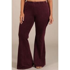 Chatoyant Plus Size Mineral Wash Bell Bottoms Burgundy 1XL